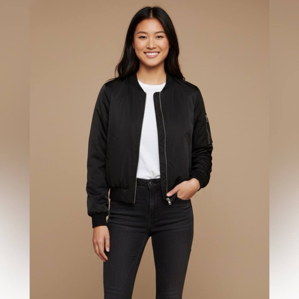 Black Bomber Jacket with Zipper‎ Details